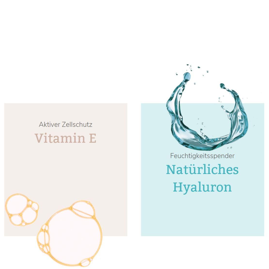 Twee vierkanten. Links: Vitamine E. Rechts: Natuurlijk Hyaluron. Waterillustratie. Gele en blauwe elementen.
