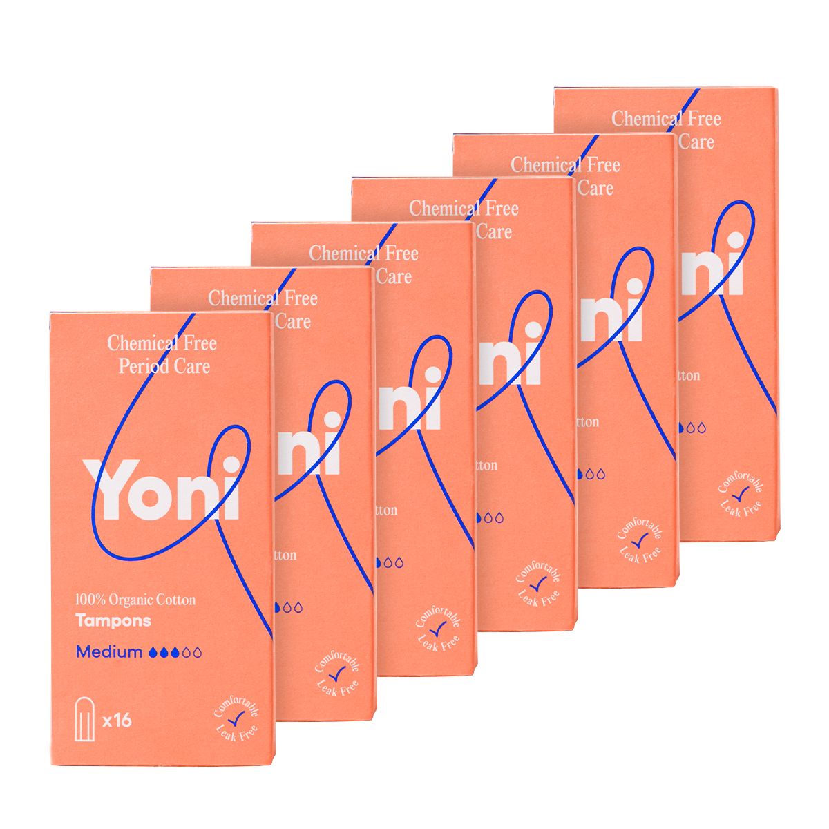 Meerdere dozen Yoni tampons. Opschrift: 100% biologisch katoen, Medium, 16 stuks. Oranje verpakking.