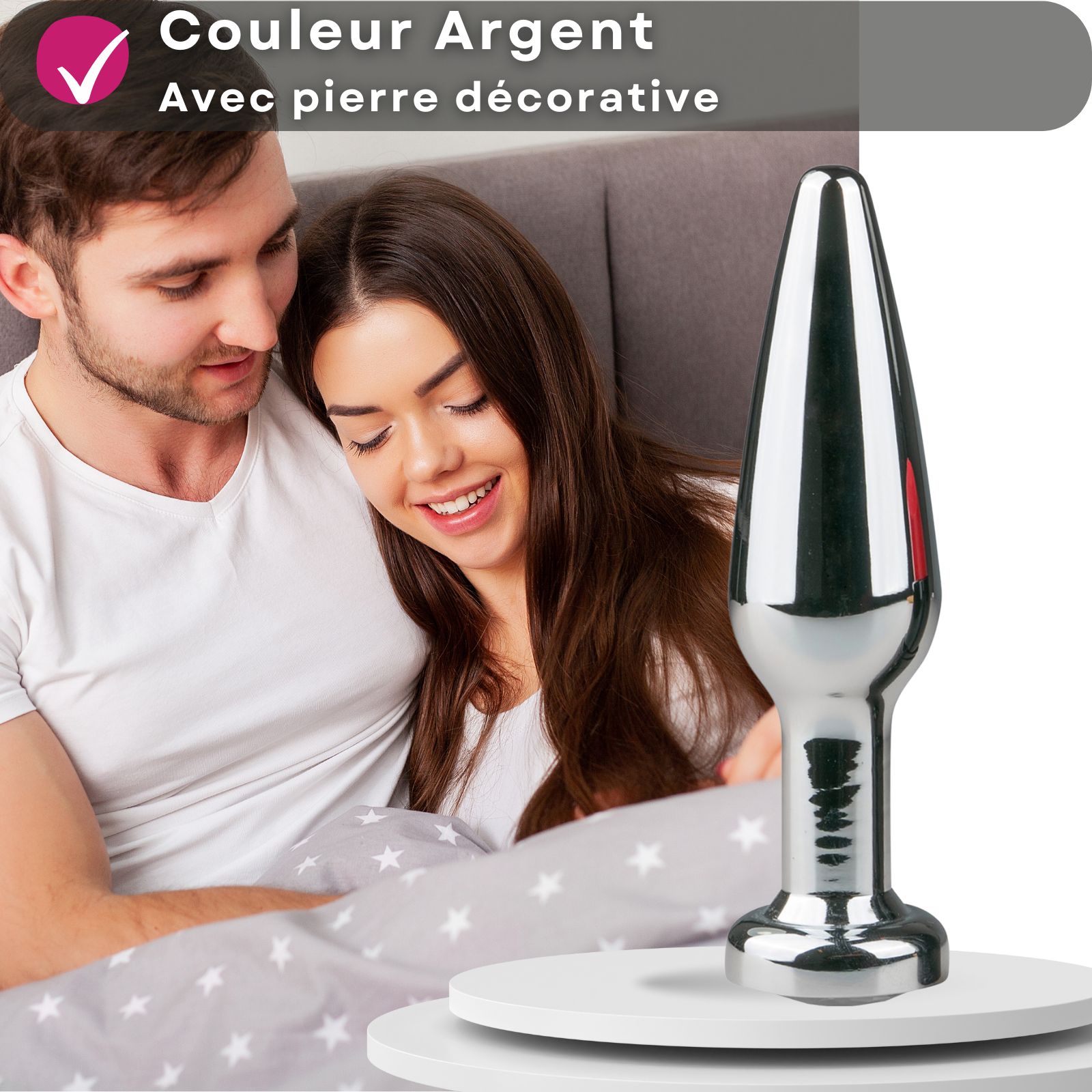 Image du produit avec texte. Plug anal conique, argent, 11 cm, en métal.