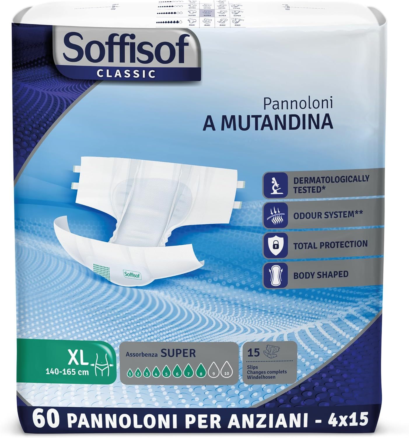 Couches Soffisof Classic. XL, 140-165 cm. 60 unités. Super absorption. Testé dermatologiquement.
