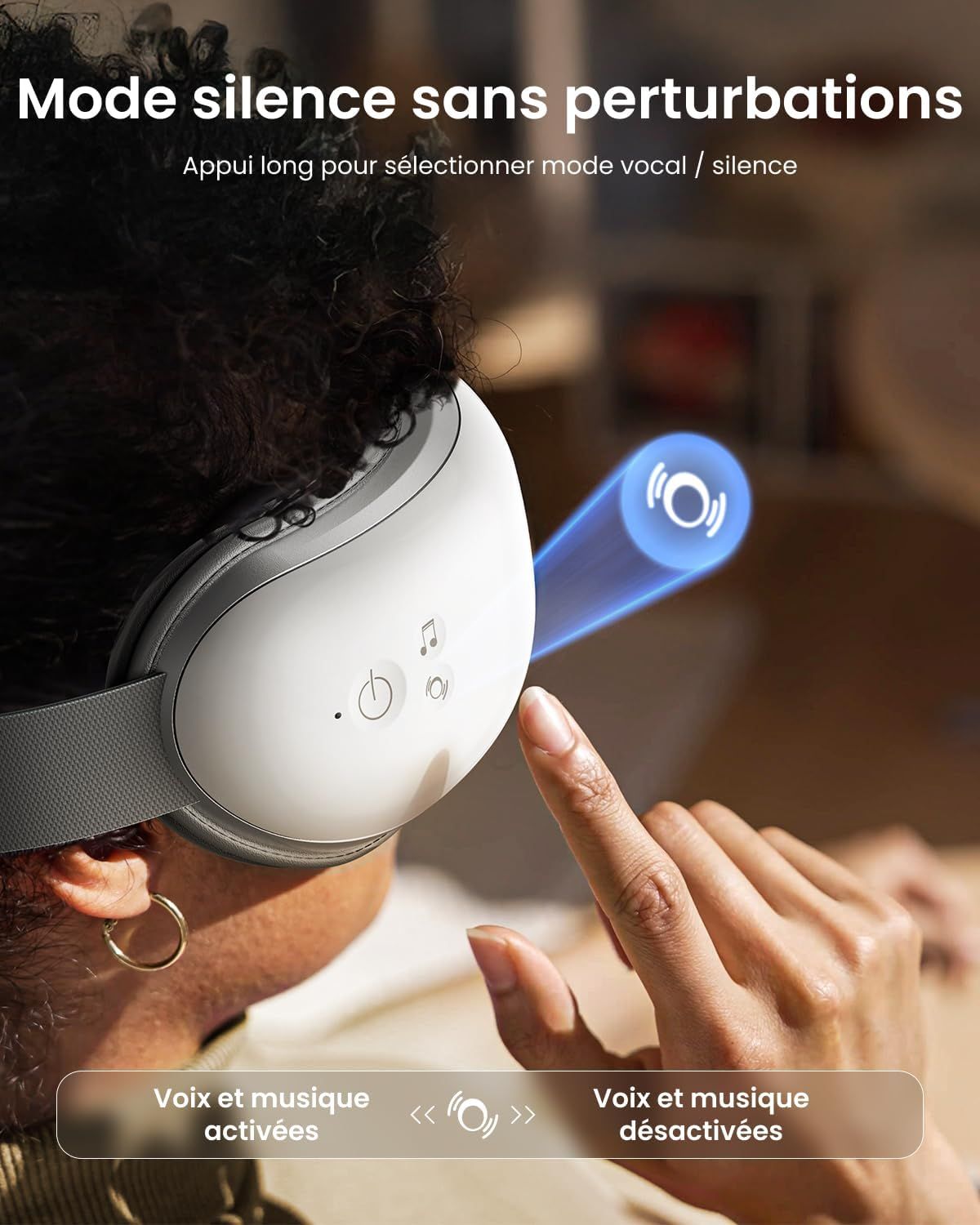 Casque blanc avec commandes et un faisceau lumineux bleu indiquant une fonction.