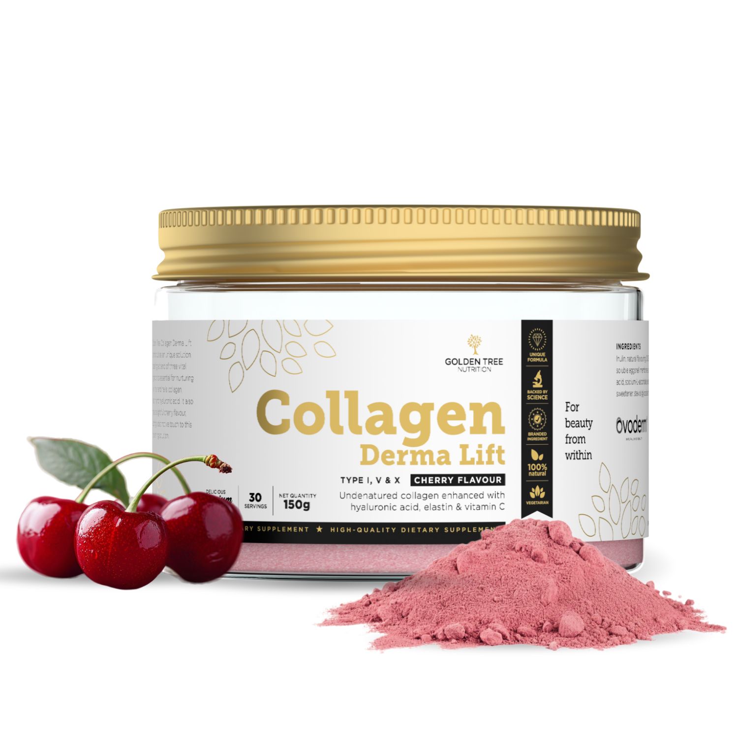 Poudre Golden Tree Collagen Derma Lift dans un pot en verre avec des cerises.