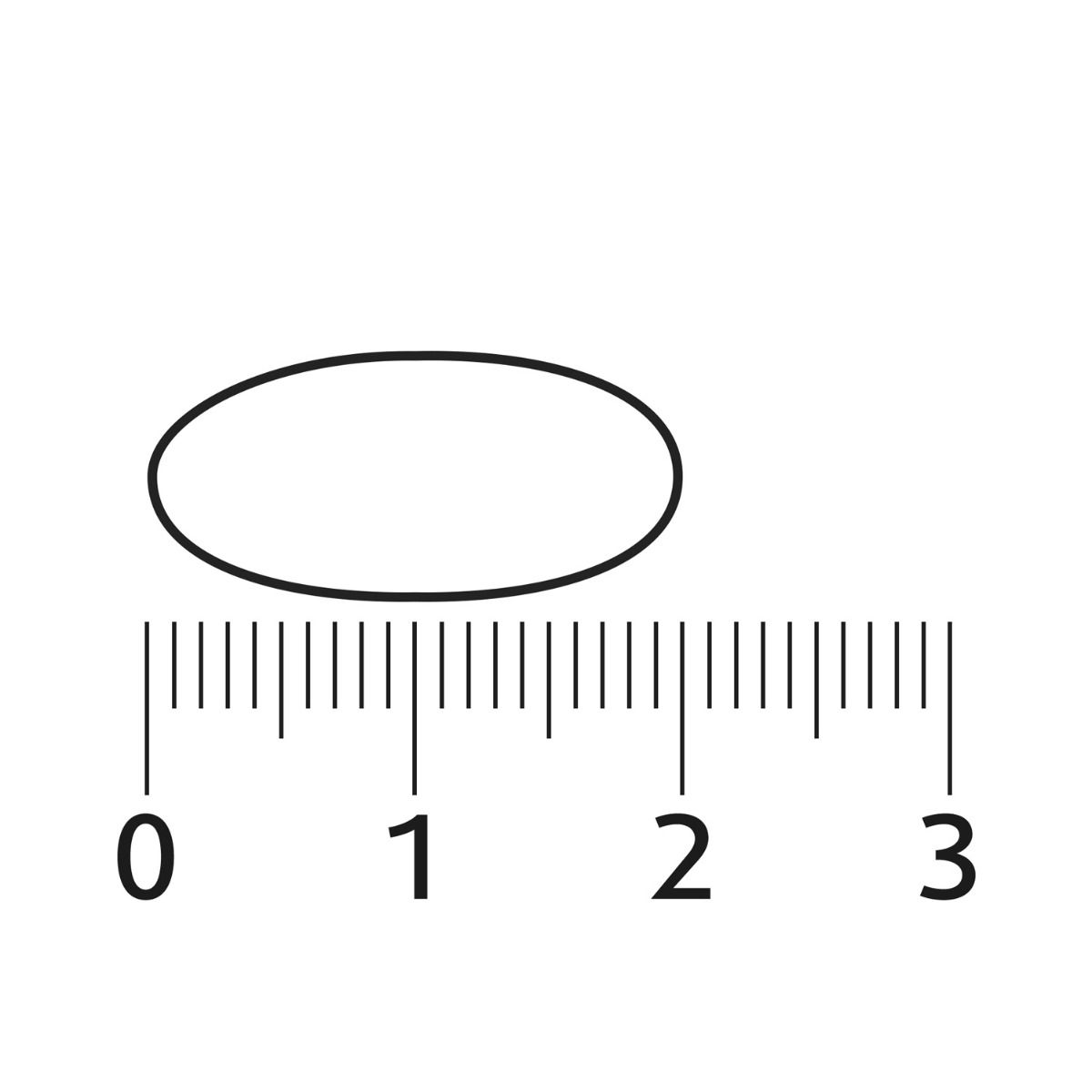 Een ovale tablet naast een meetschaal. De tablet is ongeveer 2 cm lang.