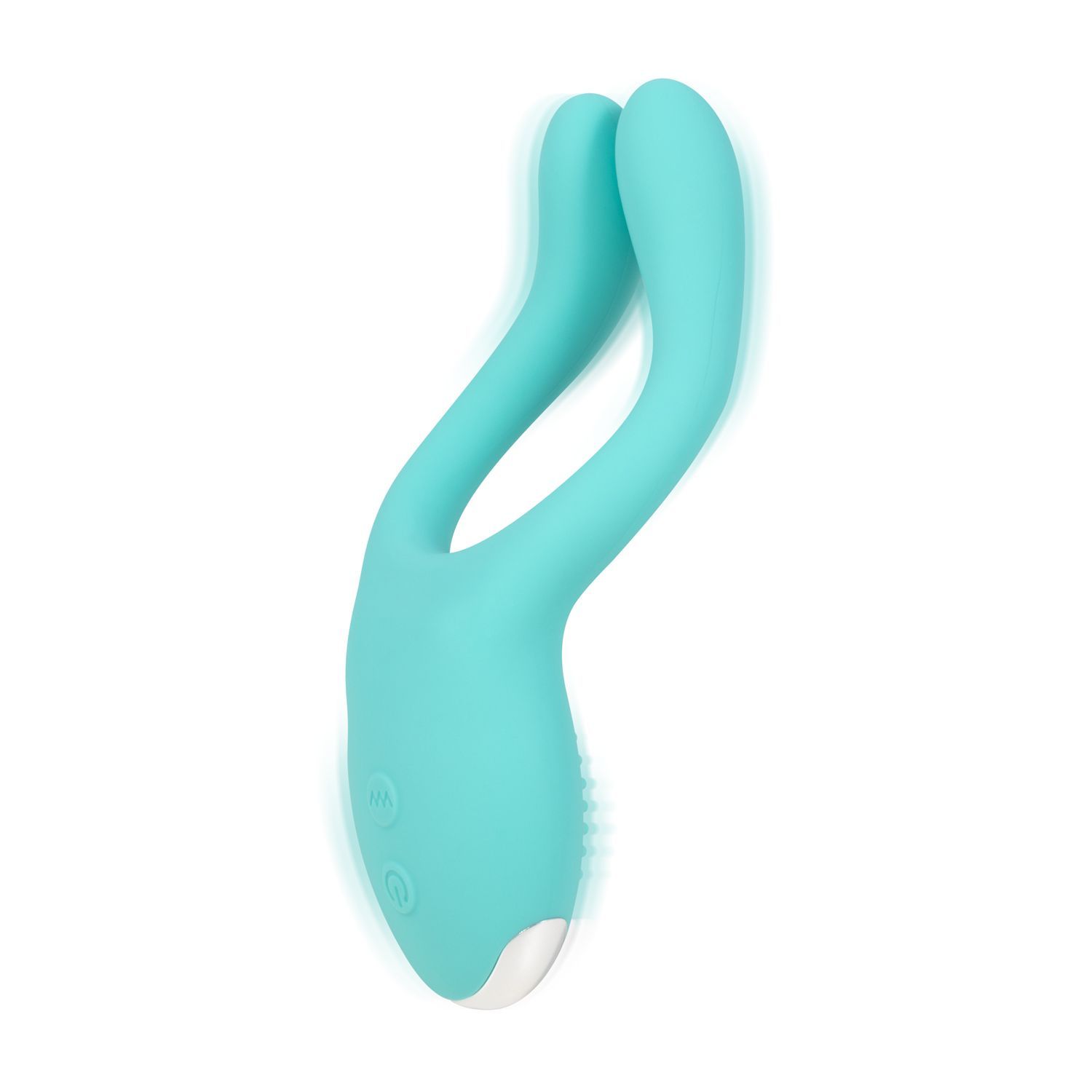 Turquoise dubbele vibrator met twee vibrerende armen en twee knoppen. Witte basis.
