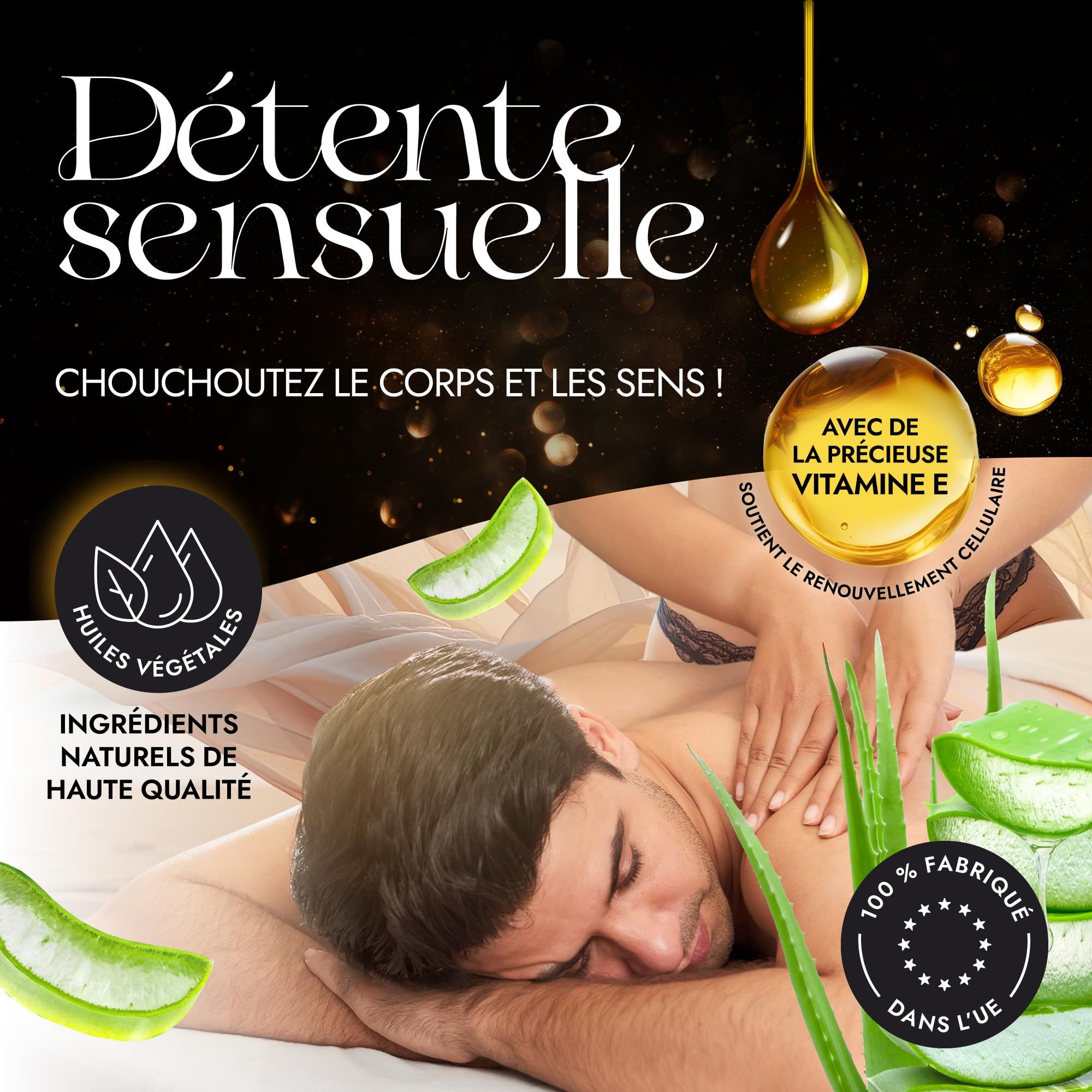 Homme en massage, entouré d'aloe vera et de gouttes d'huile. Contient de la vitamine E et des huiles végétales.
