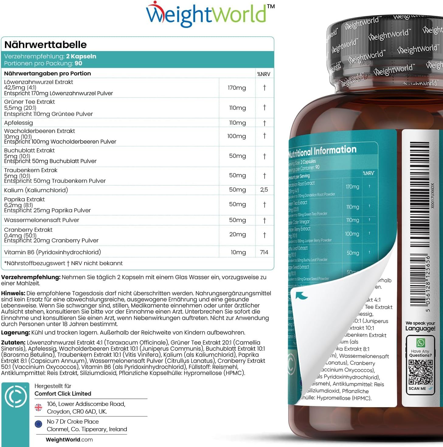 Flacon marron avec gélules Water Away. Tableau nutritionnel. Contient du pissenlit, du thé vert, du vinaigre de cidre, de la canneberge, etc.