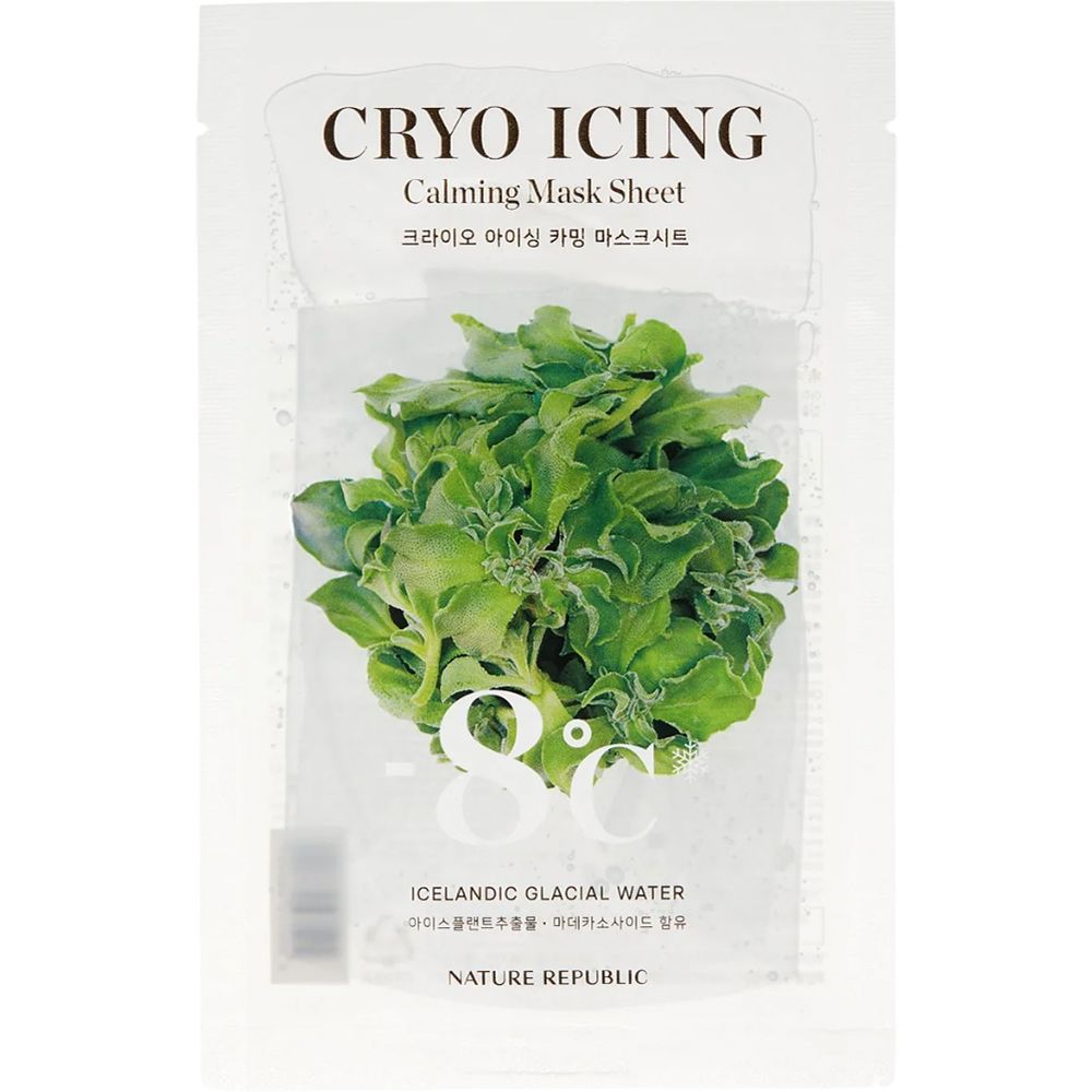 Verpakking van Cryo Icing Calming Mask Sheet. Bedrukt met tekst en afbeelding van bladeren. Merk: NATURE REPUBLIC.