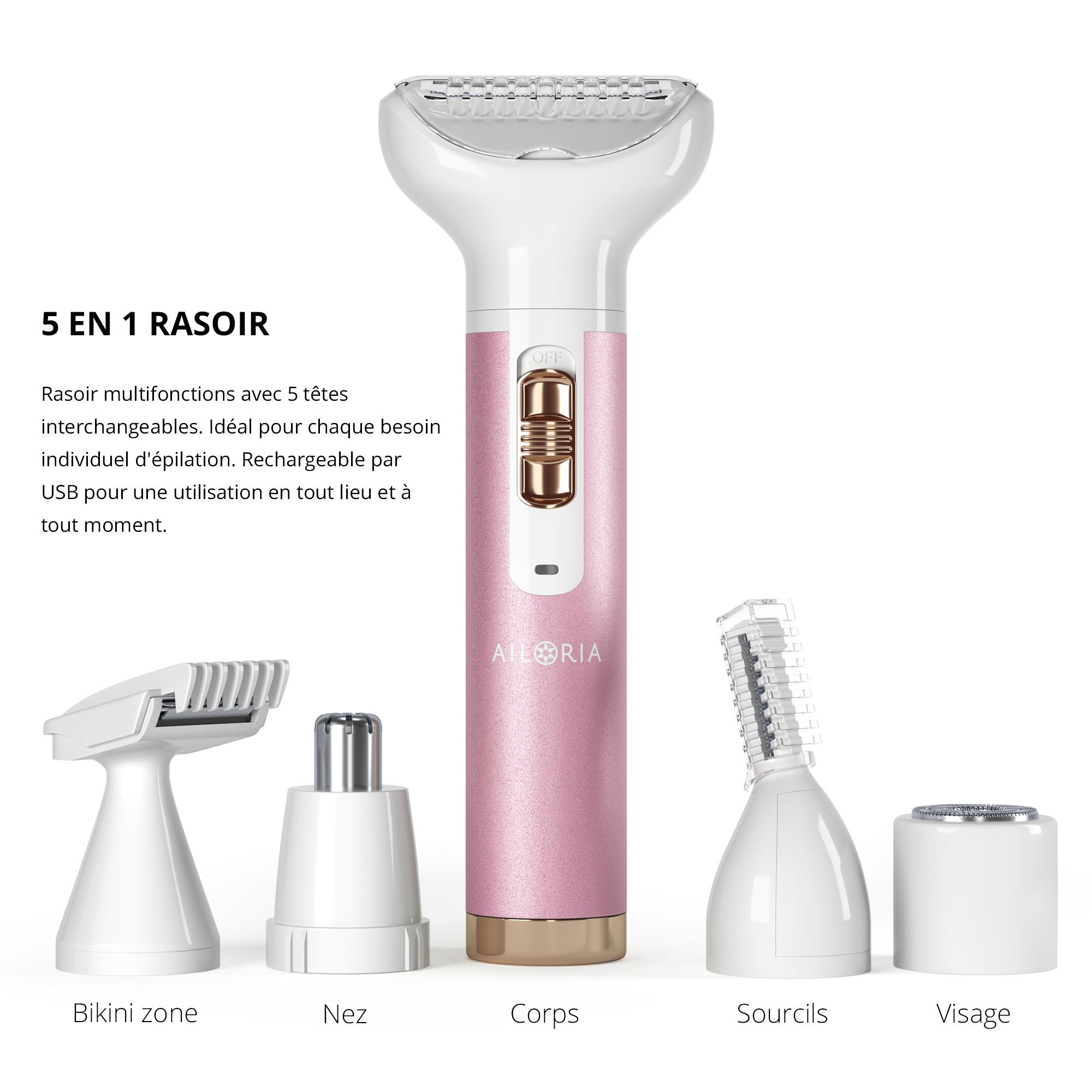Rasoir rose avec 4 têtes. Logo AILORIA. Têtes: zone bikini, nez, corps, sourcils, visage. Texte: 5 EN 1 RASOIR.
