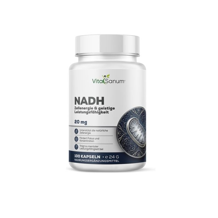 Boîte de capsules VitaSanum® NADH, 100 capsules, 20 mg. Énergie cellulaire & performance mentale.