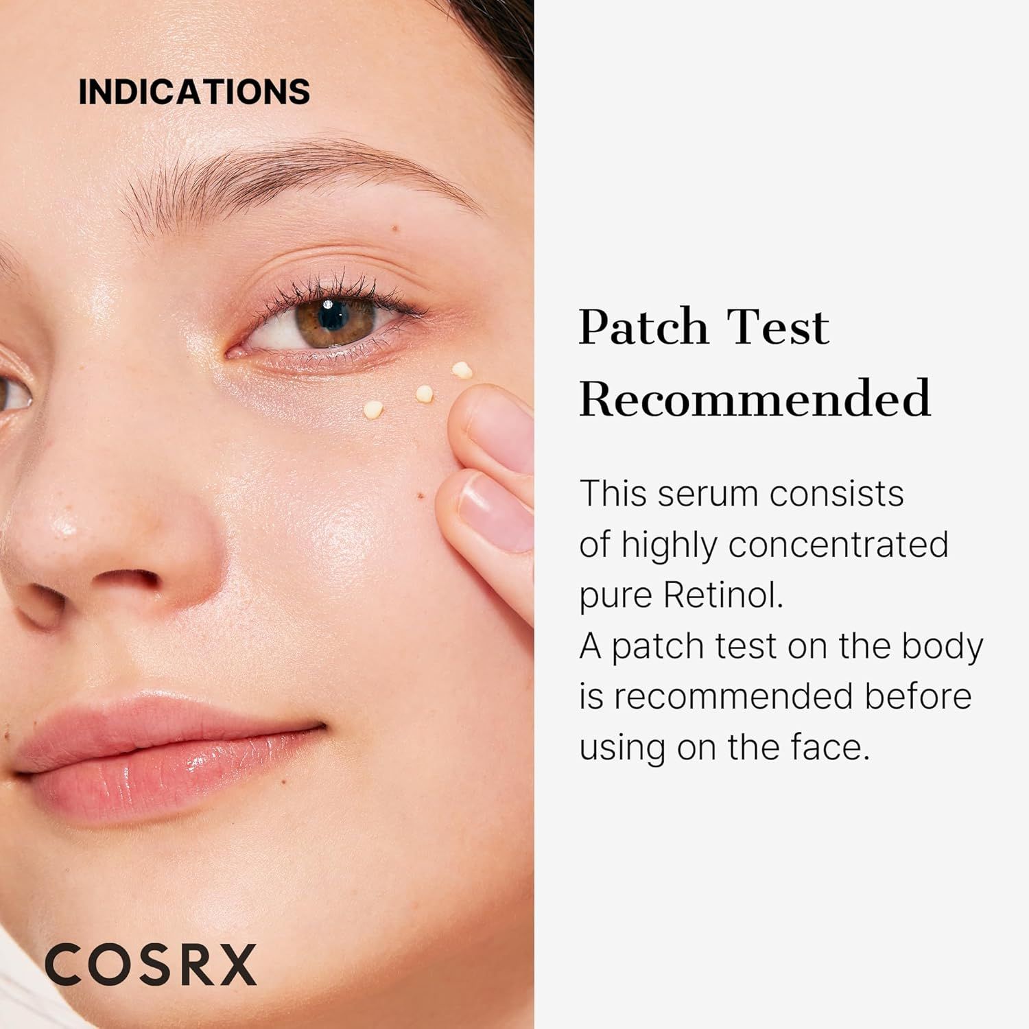 Gros plan d'un visage avec des points de crème appliqués. Texte : 'Patch Test Recommended'.
