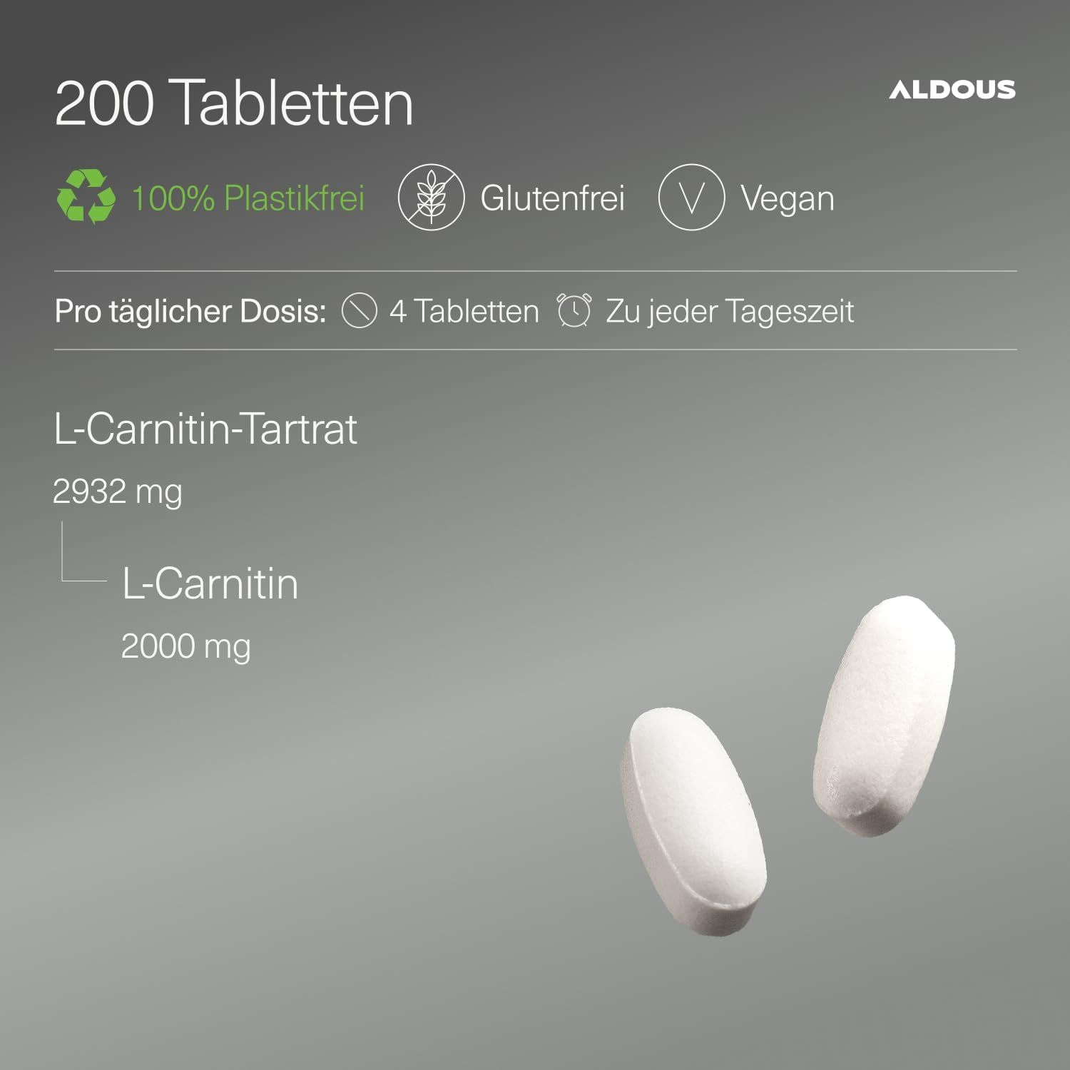 Aldous L-Carnitine : 200 comprimés, 100% sans plastique, sans gluten, vegan. 2932 mg de L-Carnitine Tartrate par 4 comprimés.