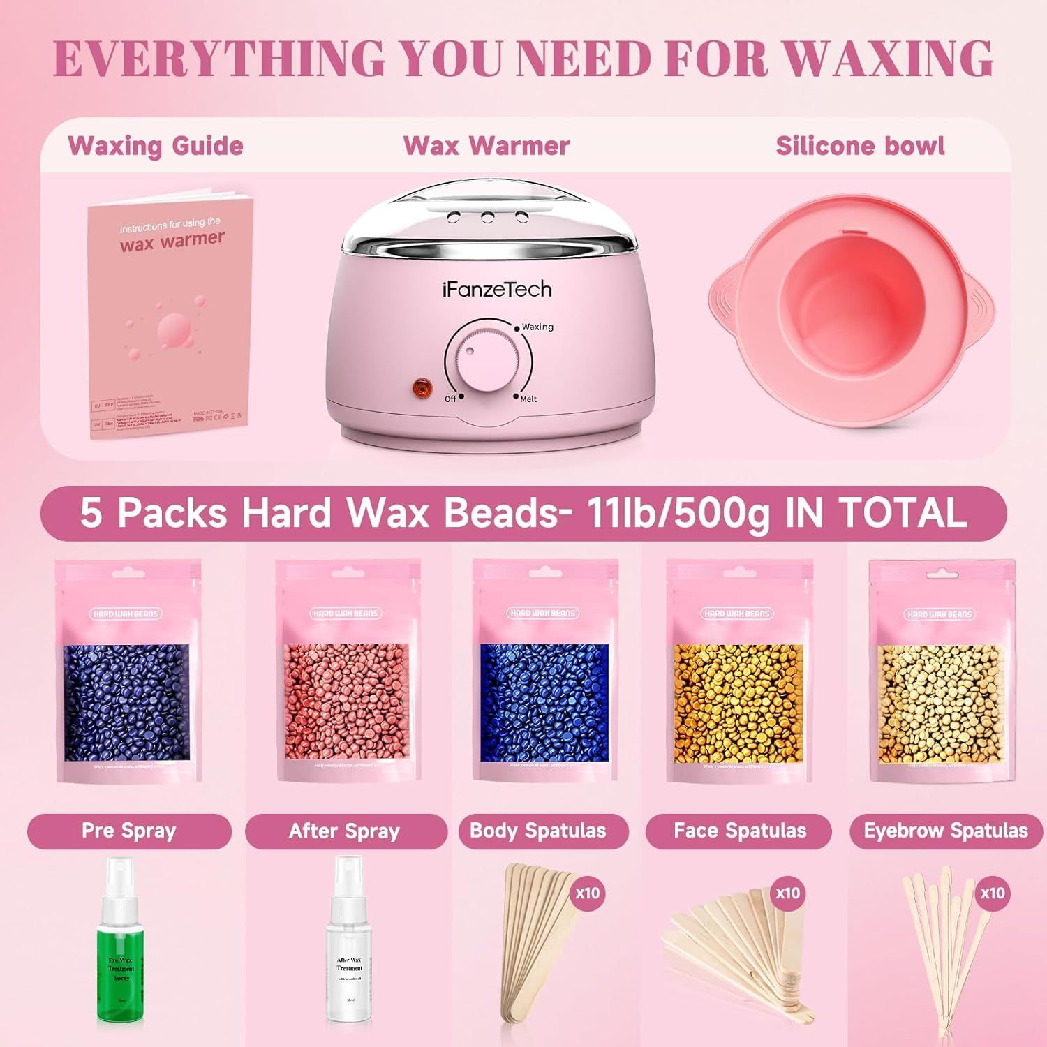 Waxing set met waxwarmer, siliconen kom, wax kralen en spatels. Bevat ook sprays en een gids.