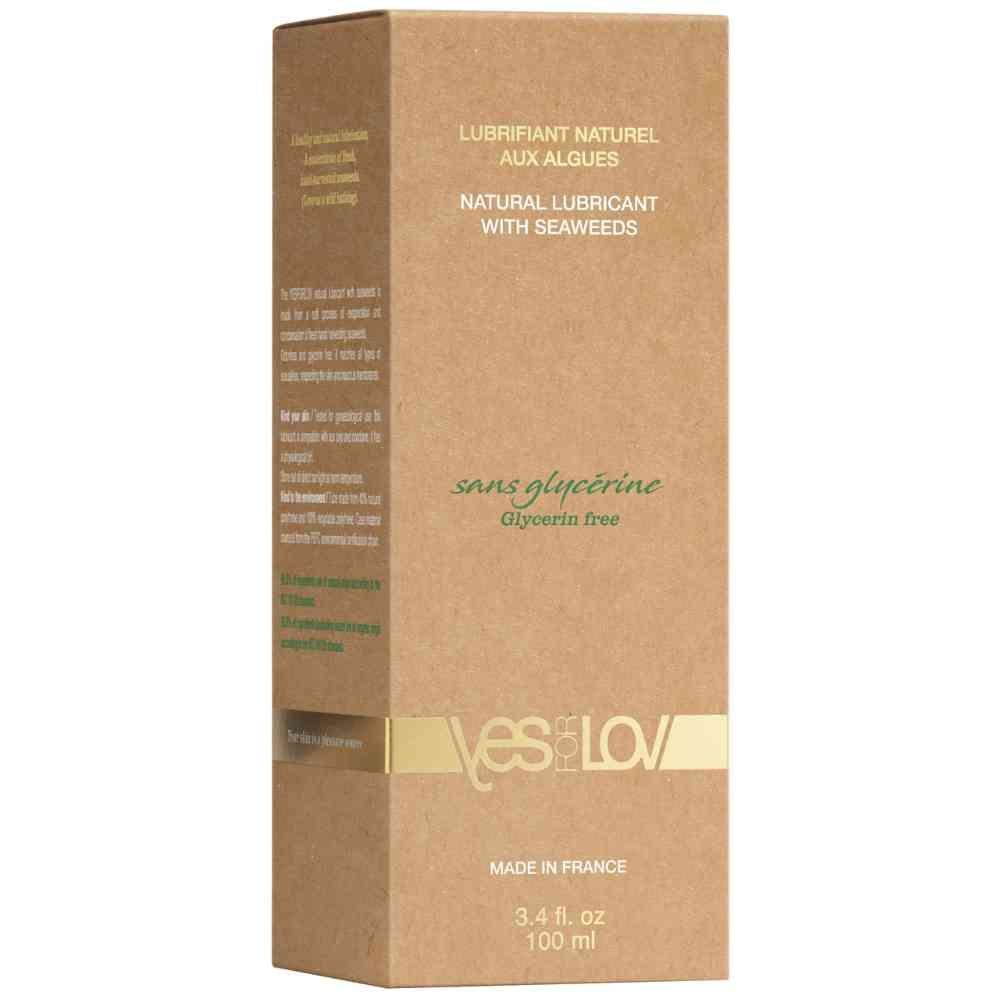 Emballage en carton. Inscription: Natural Lubricant with Seaweeds, sans glycerine. Marque: YESforLOV. Emballage brun.