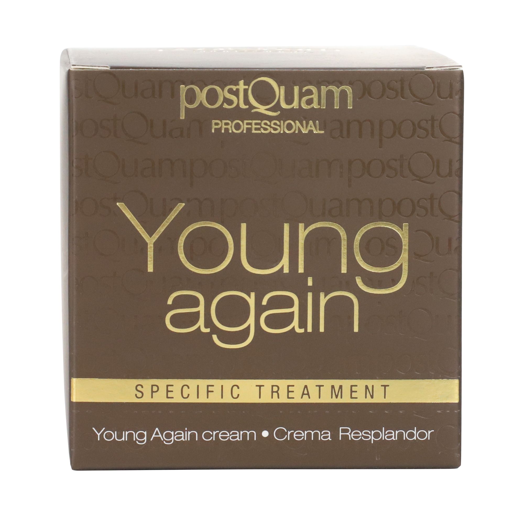 Bruine verpakking met gouden opschrift: Young again, Specific Treatment. Merk: Postquam.