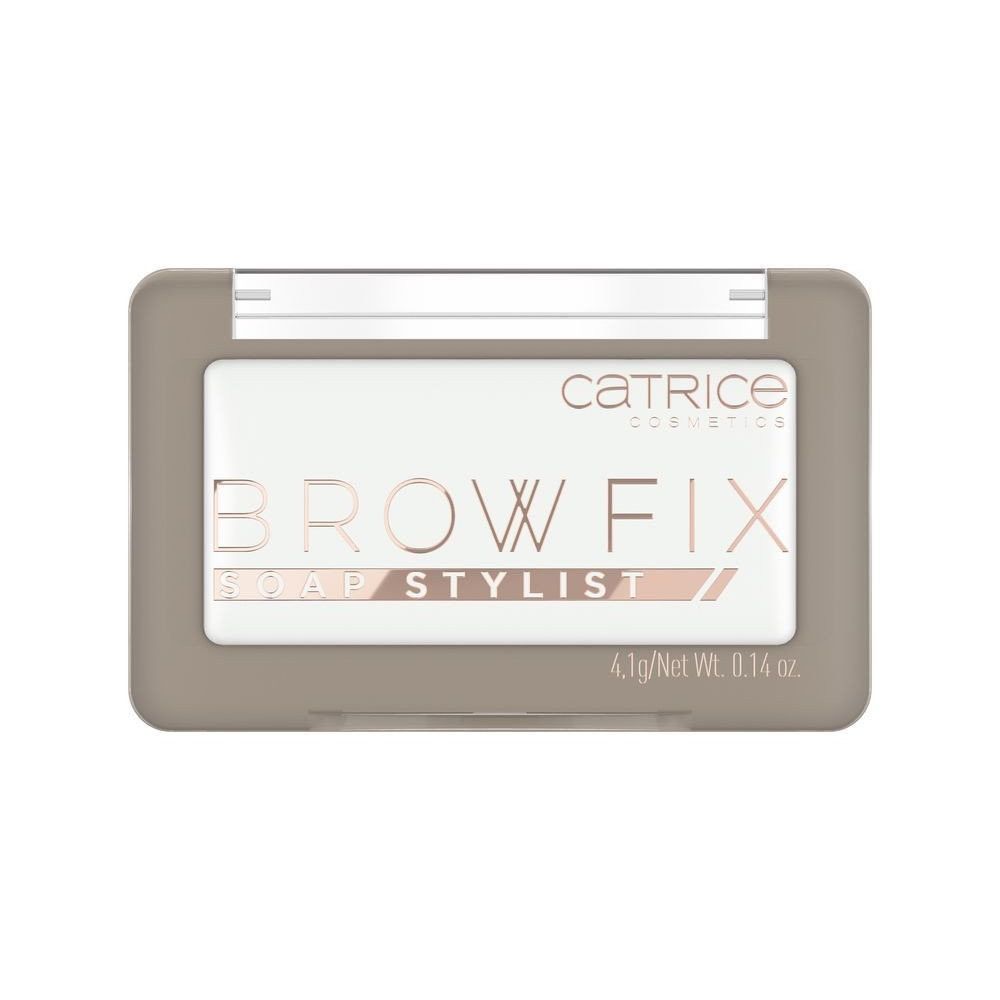 Fixateur à sourcils compact rectangulaire. Avec couvercle et nom du produit. Marque : Catrice. Texte : Brow Fix Soap Stylist. Poids net : 4,1g/0,14 oz.