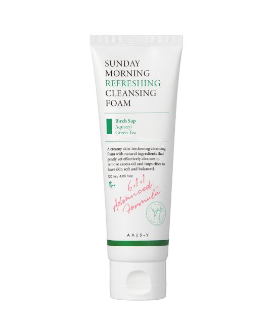 Tube met opschrift: Sunday Morning Refreshing Cleansing Foam. Wit, groen, roze tekst. 120 ml.