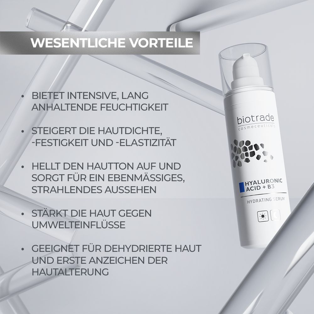 Sérum blanc avec pompe. Texte: Acide Hyaluronique + B3, Hydrating Serum. Pour plus de densité et d'élasticité. Peaux déshydratées.