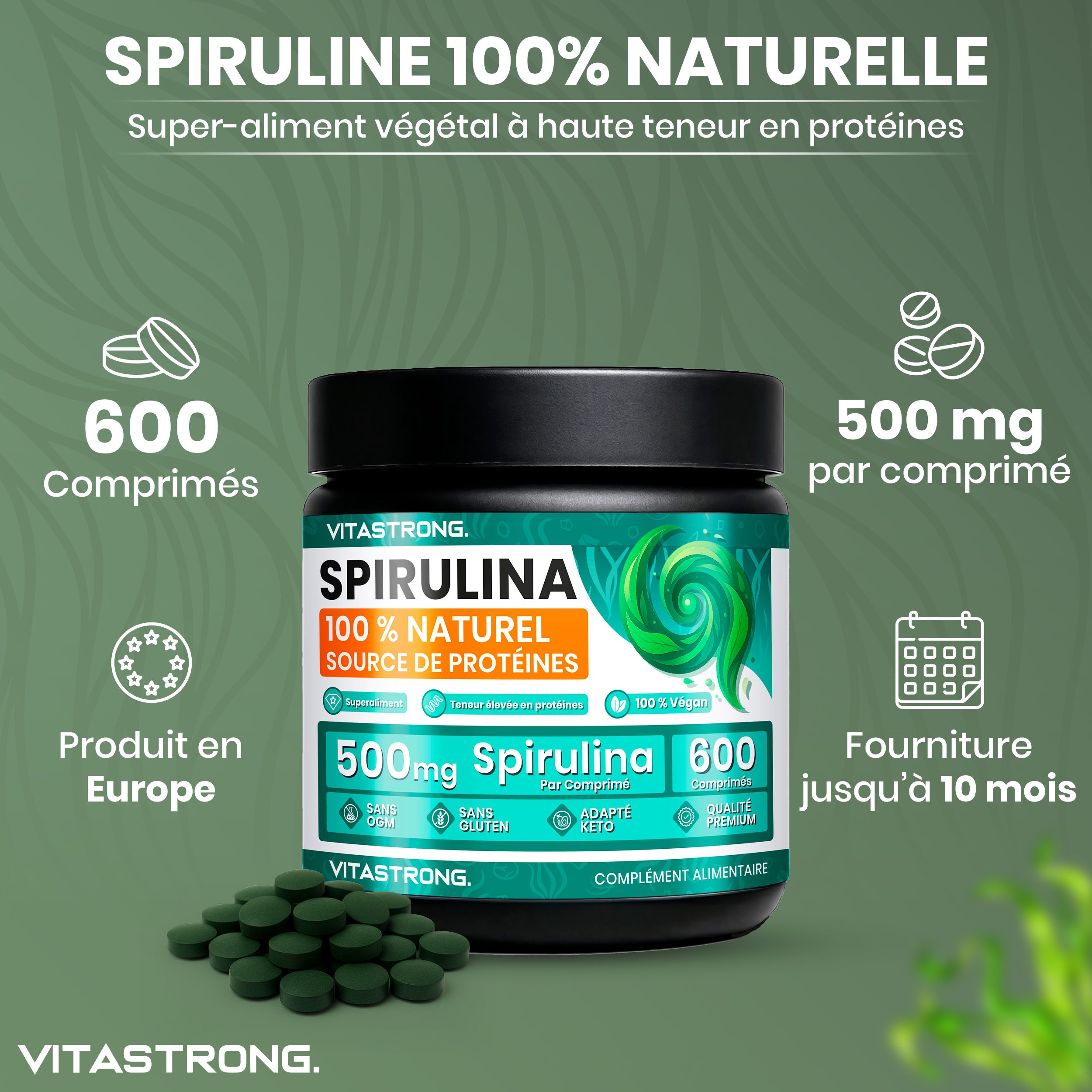 Pot en tabletten Spirulina. 600 tabletten. 500mg per tablet. Geproduceerd in Europa.