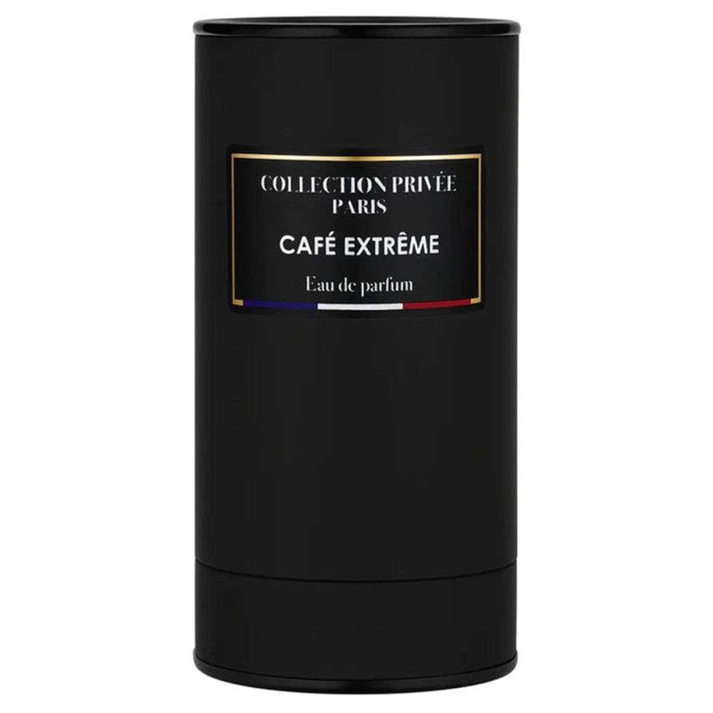 Emballage cylindrique noir. Étiquette avec texte: Collection Privée Paris, Café Extrême, Eau de parfum.