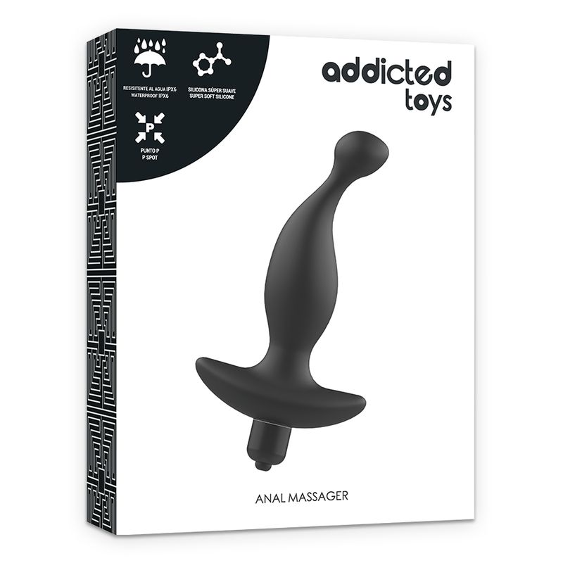 Emballage et vibrateur anal noir à forme courbée. Logo "Addicted Toys" et "Anal Massager" sur l'emballage.