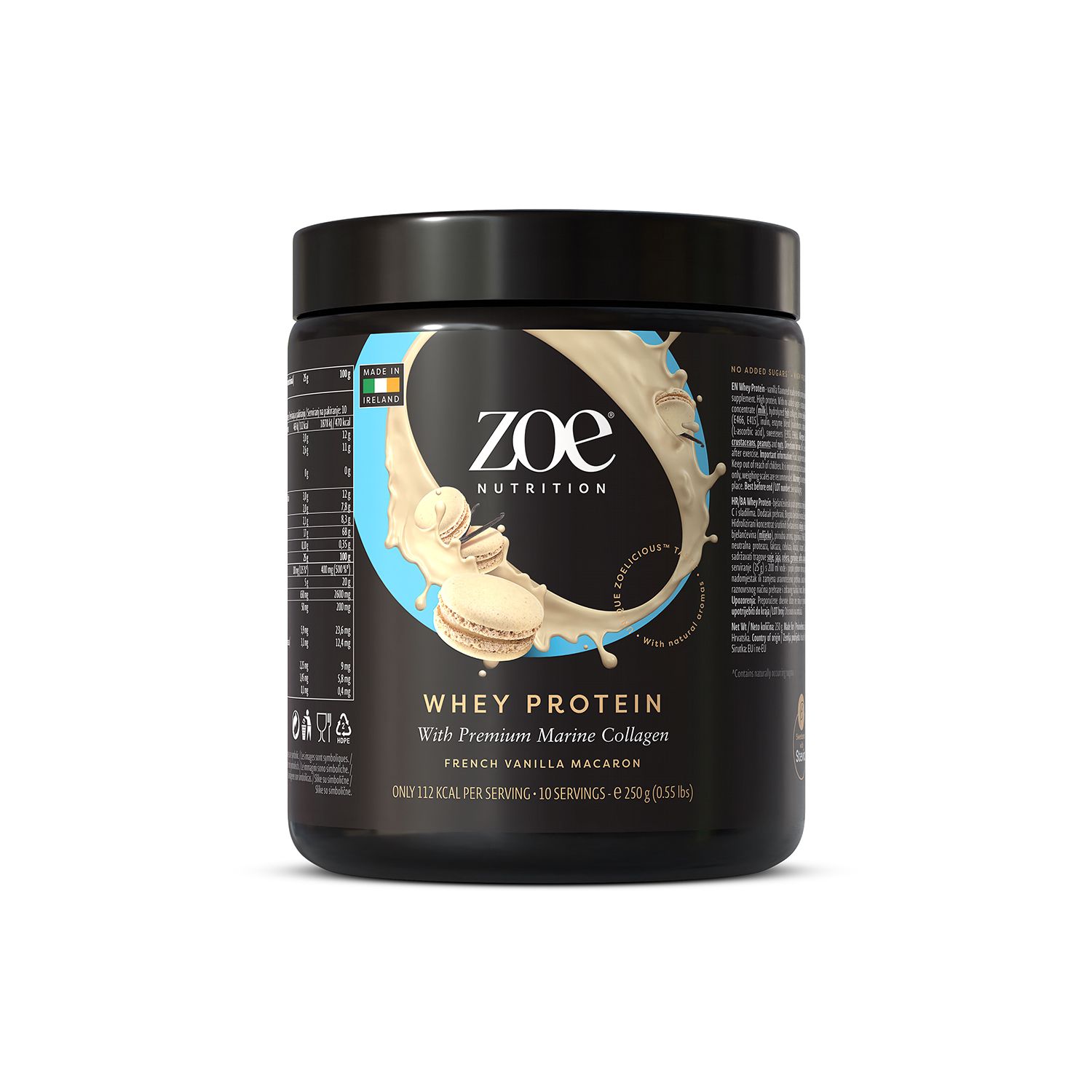 Zwarte pot met "zoe Nutrition" en "Whey Protein". Afbeelding van macarons en productinformatie.