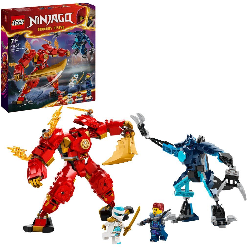 Rode mech met gouden zwaard, blauwe mech, minifiguren en verpakking met logo en productnaam.