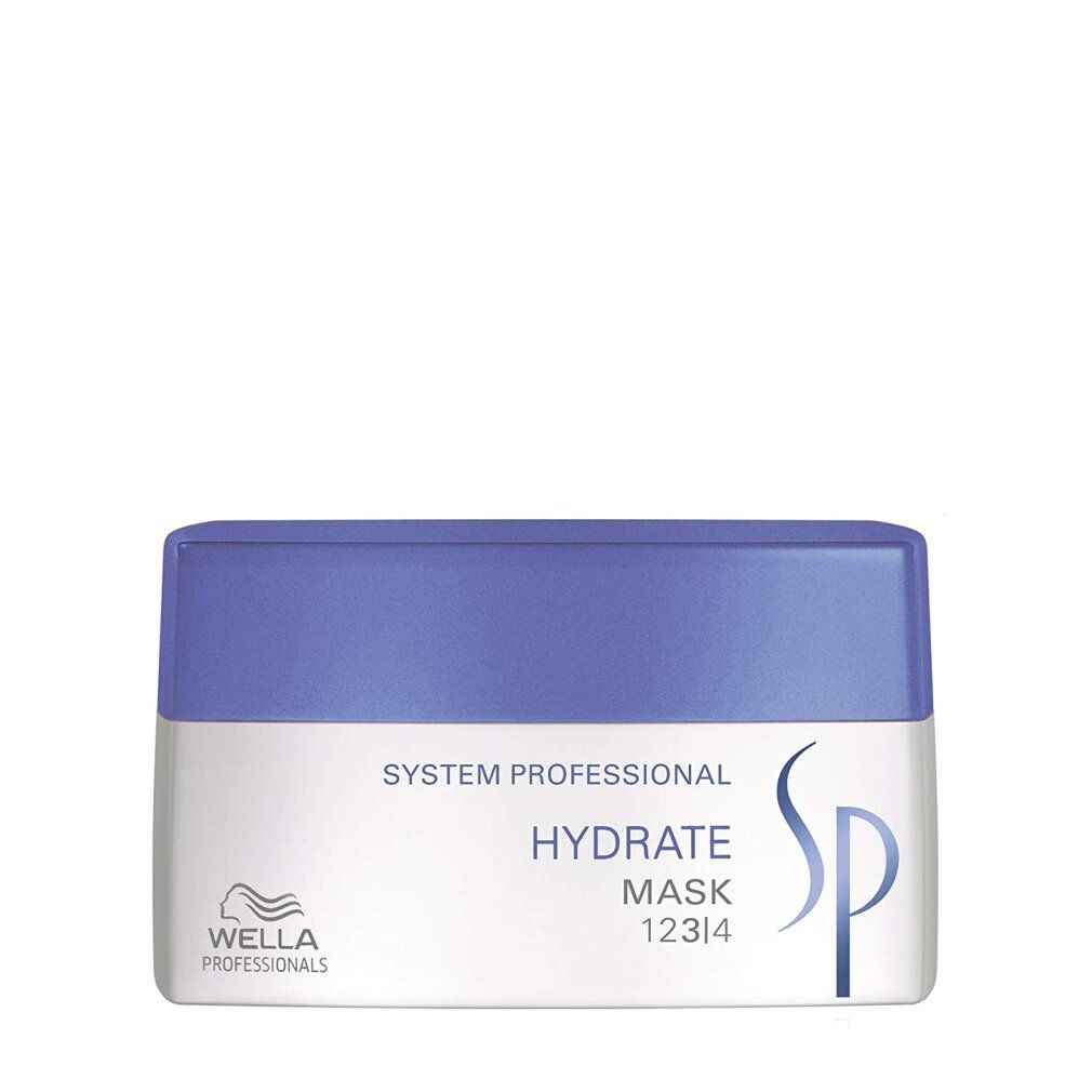Wit en blauw potje. Opschrift: Hydrate Mask, Wella Professionals logo, SP logo.