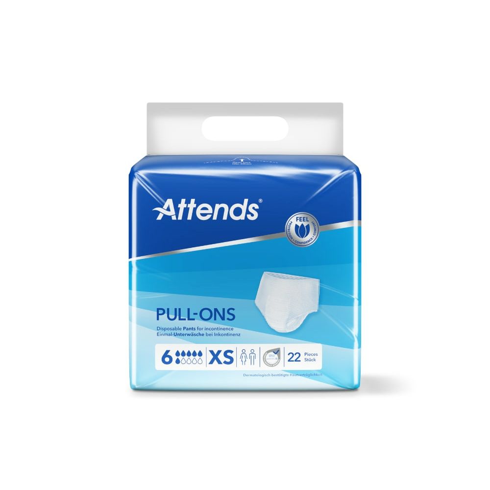 Attends Pull-Ons, pantalon d'incontinence en emballage. Emballage bleu avec image du produit et texte. Taille XS.