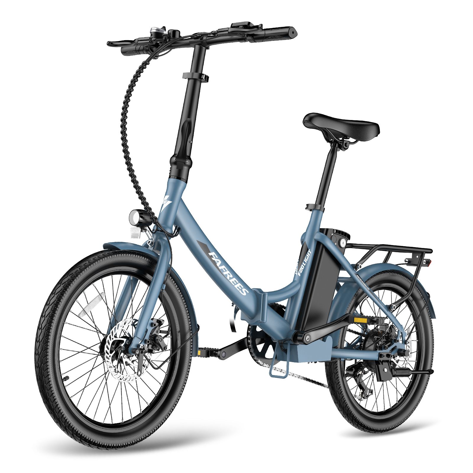 Vélo électrique Fafrees F20Light bleu, vue diagonale. Pneus noirs, porte-bagages, batterie et selle. Logo Fafrees.