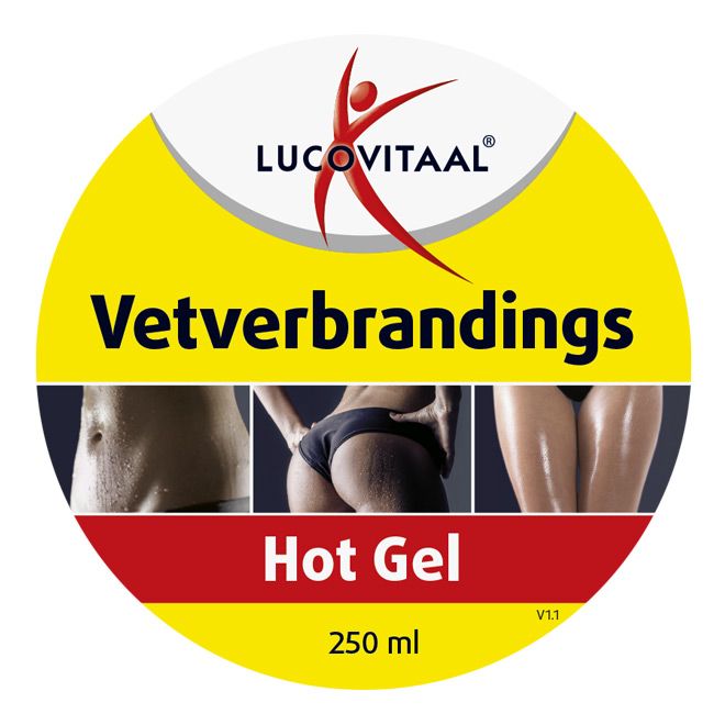 Couvercle jaune avec inscription : Lucovitaal, Vetverbrandings Hot Gel. 250 ml. Avec illustrations.