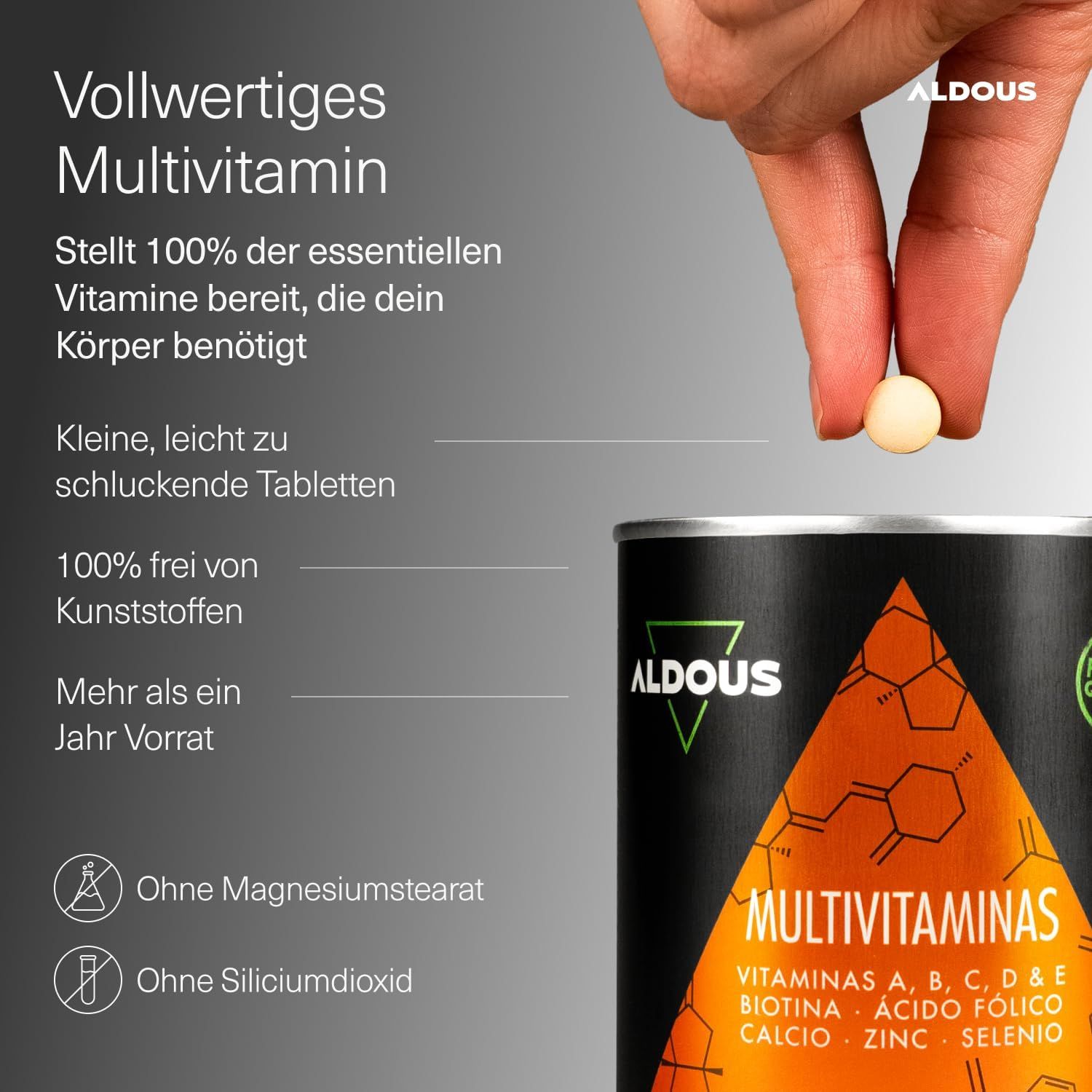 Hand houdt een Aldous Multivitamine tablet boven een bus. Tekst over voordelen en ingrediënten.