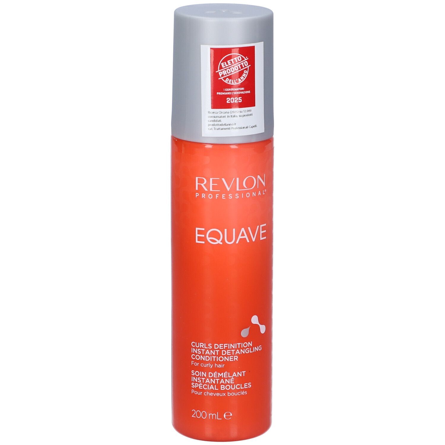 Revlon EQUAVE Curls Detangling Conditioning. Flacon orange et bouchon argenté. Texte et logo.
