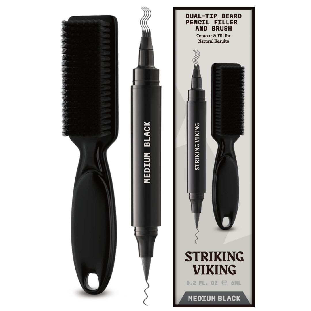 Zwarte dubbele puntstift en borstel. Stift met opschrift « MEDIUM BLACK ». Verpakking met « STRIKING VIKING » en « MEDIUM BLACK ».