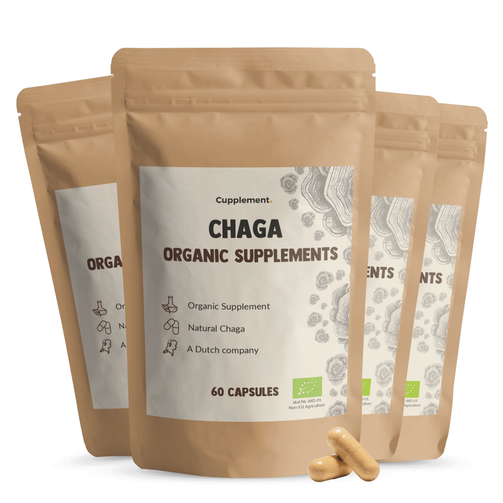 Multipack Chaga capsules. Vier zakjes met productinfo en capsules. Bruine verpakking, productnaam duidelijk zichtbaar.