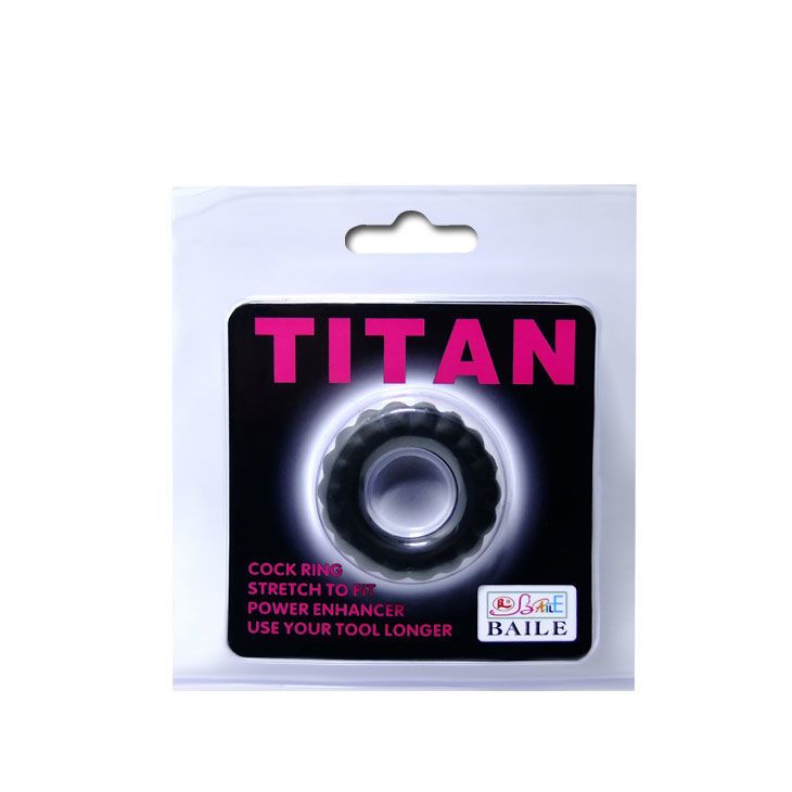 Verpakking van de Baile Titan Cockring met productafbeelding en tekst.