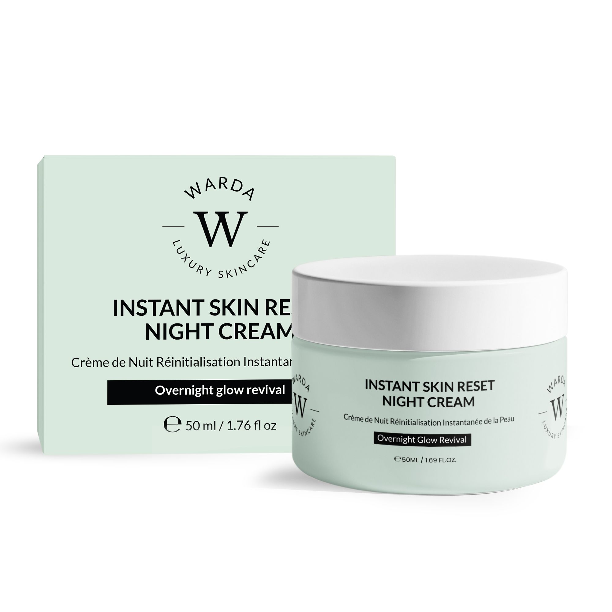 Pot et boîte de crème. Inscription: Instant Skin Reset Night Cream. Marque: Warda Luxury Skincare. Crème de nuit. 50 ml.