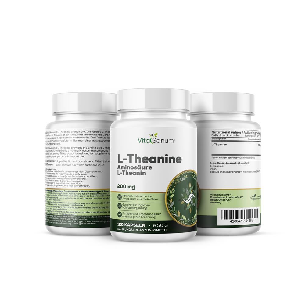 Trois flacons de gélules VitaSanum L-Théanine, 200 mg par gélule, 120 gélules.