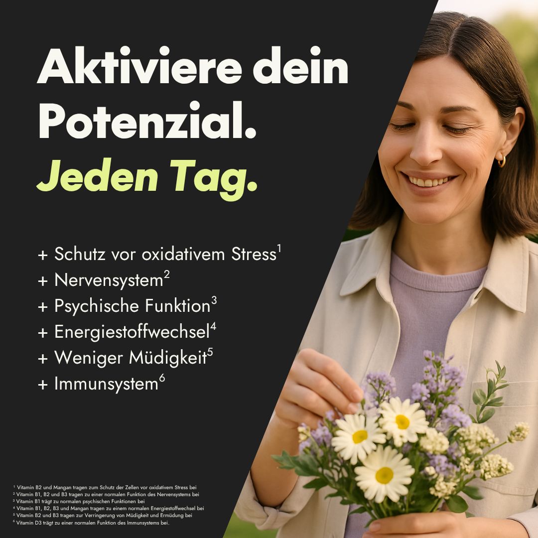 Vrouw met boeket. Tekst: Activeer je potentieel. Elke dag. Bescherming tegen oxidatieve stress, zenuwstelsel, psychische functie, etc.