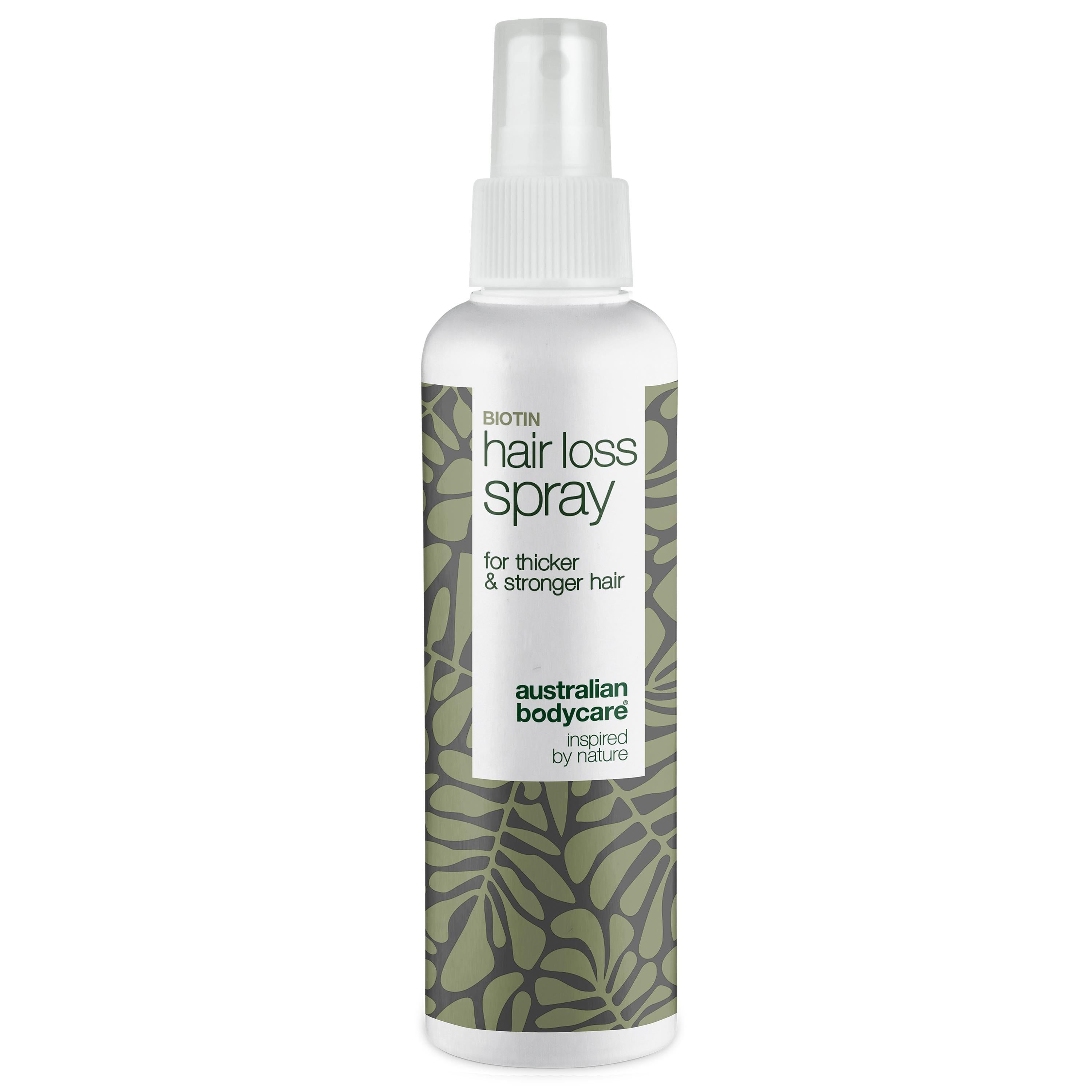 Biotin Hair Loss Spray. Witte fles met verstuiver. Tekst: voor dikker & sterker haar. Australian Bodycare.