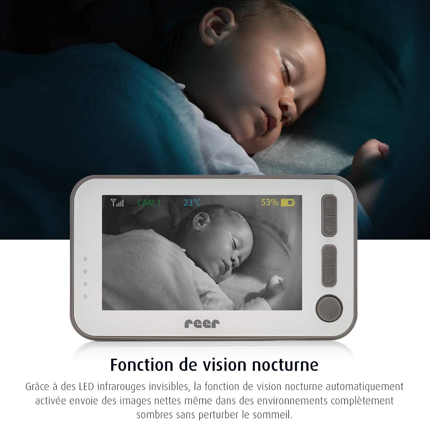 Écran de babyphone affichant un bébé endormi, température 23°C, batterie 53%. Marque : reer.