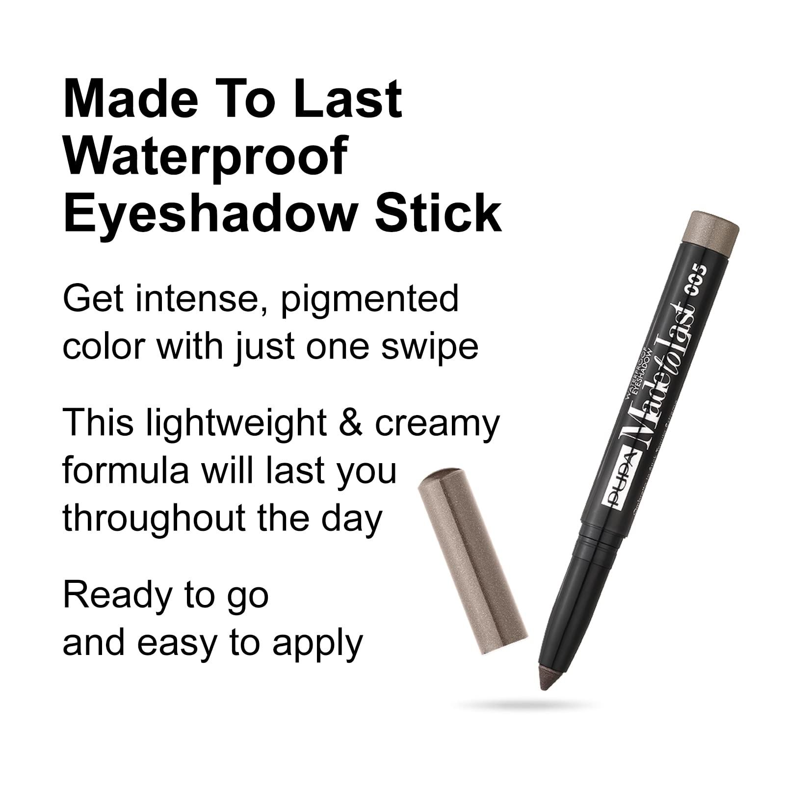 Oogschaduwstift. Zwart-grijze stift met afneembare dop. Tekst: Made To Last Waterproof Eyeshadow Stick.