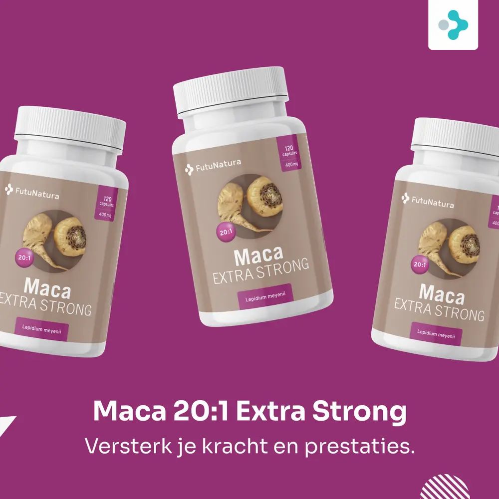Drie flessen Maca Extra Strong. Opschrift: Maca Extra Strong. Op de achtergrond: logo.