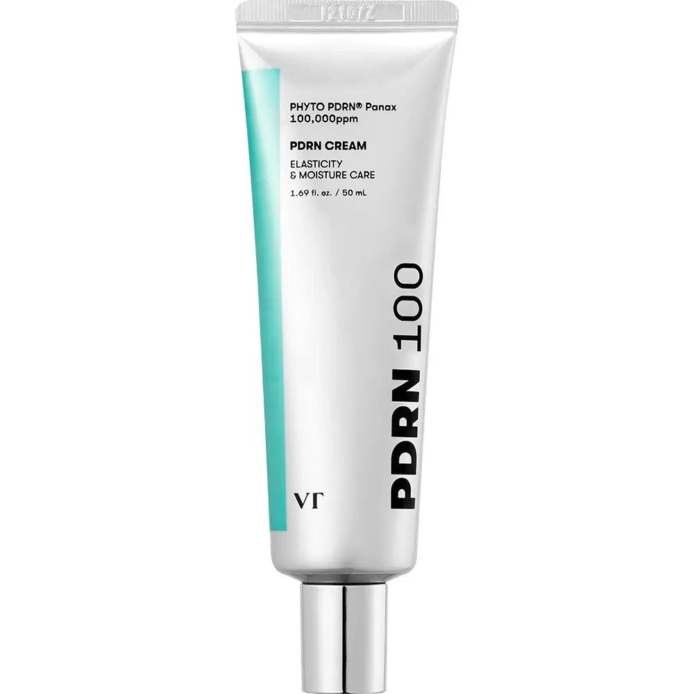Tube de crème VT Cosmetics PDRN 100 avec bouchon argenté et accent turquoise.