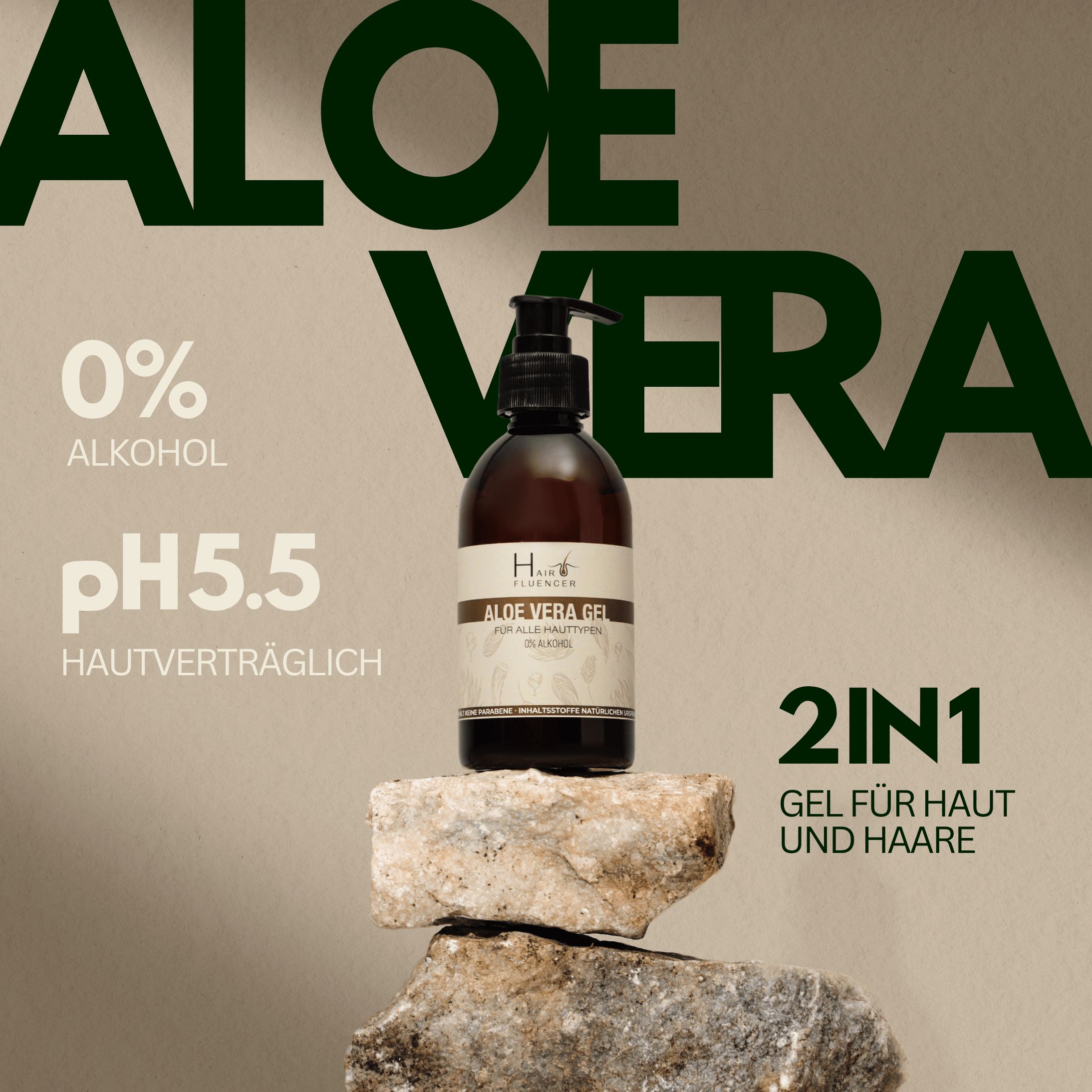 Bruine fles op stenen. Tekst: 0% alcohol, pH5.5, 2in1 gel voor huid en haar.