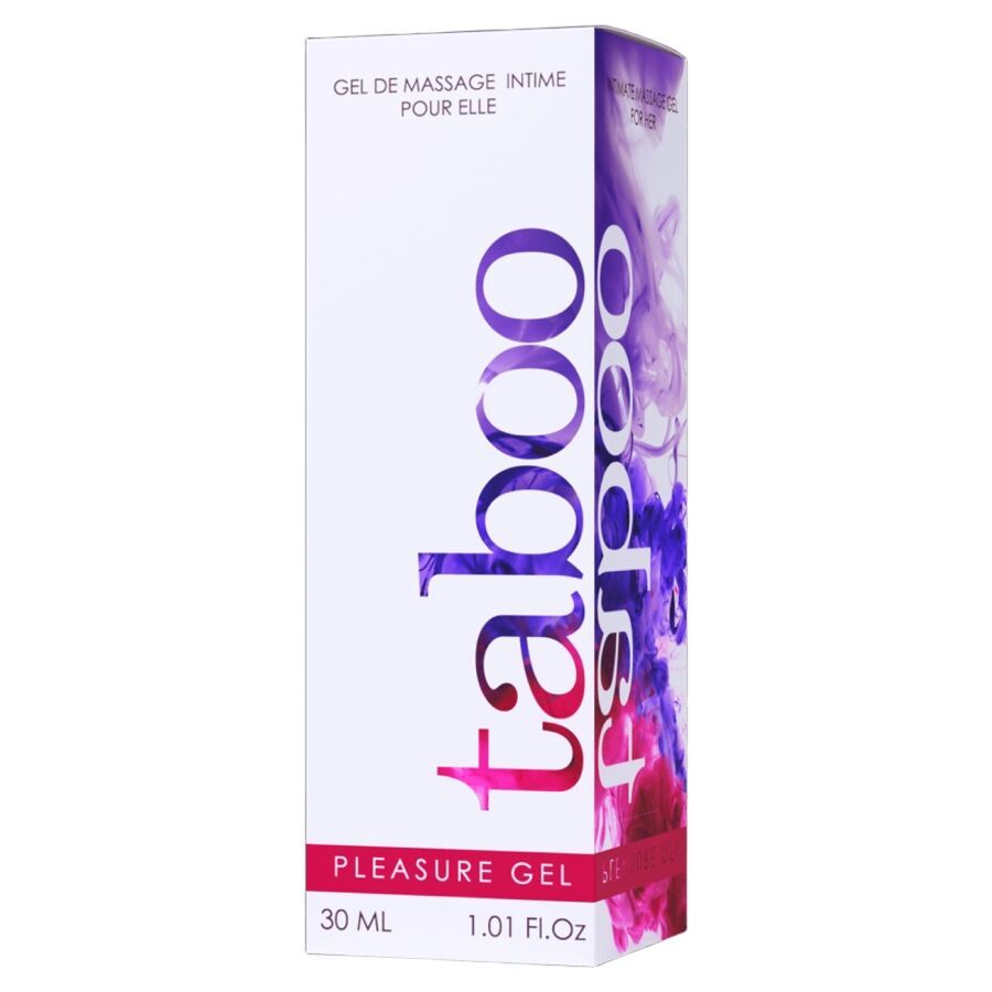 Emballage avec éclaboussures et inscription "taboo Pleasure gel". Contient 30 ml.