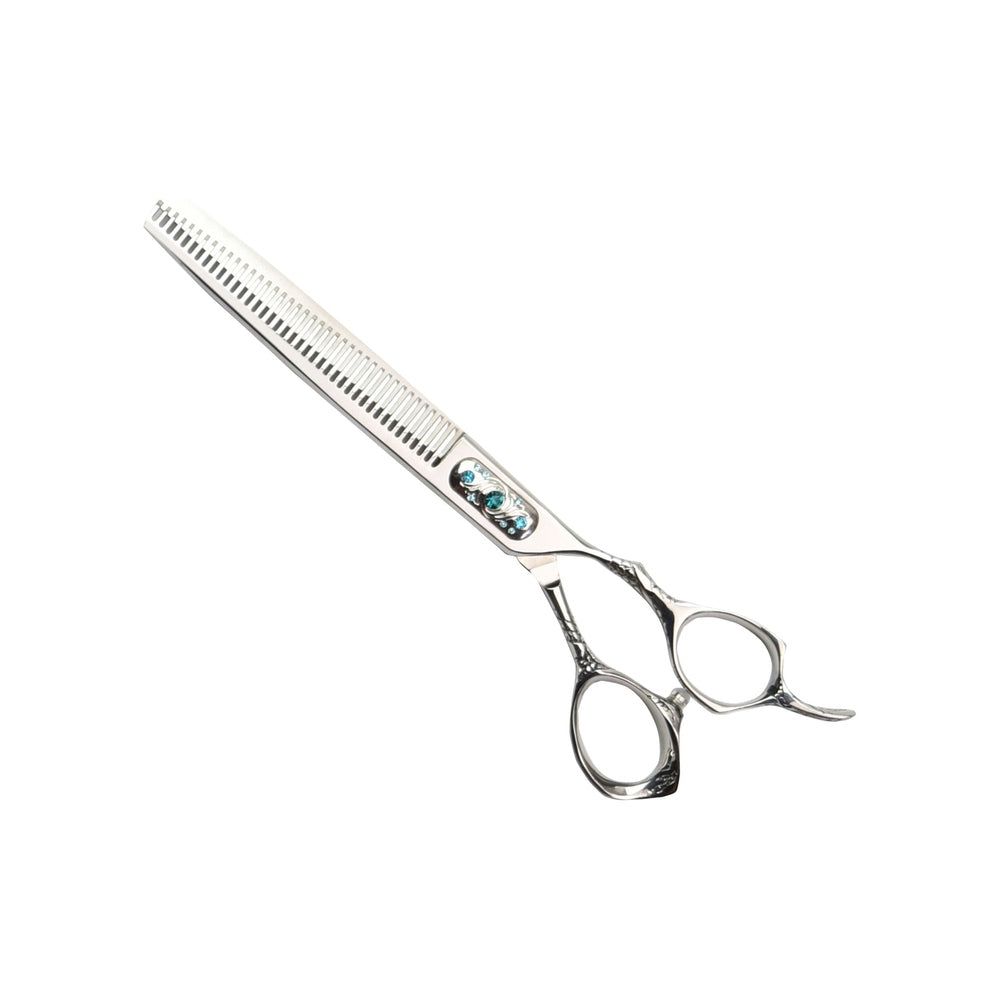 Ciseaux métalliques à dents unilatérales avec accent bleu.