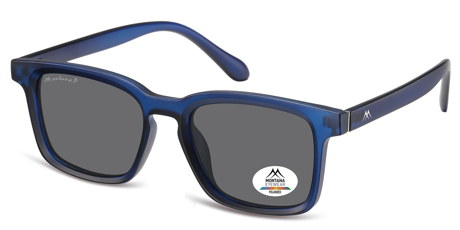 Blauwe Montana Eyewear zonnebril. Rechthoekige vorm, grijze glazen. Logo en Polarized sticker. Perspectiefweergave.
