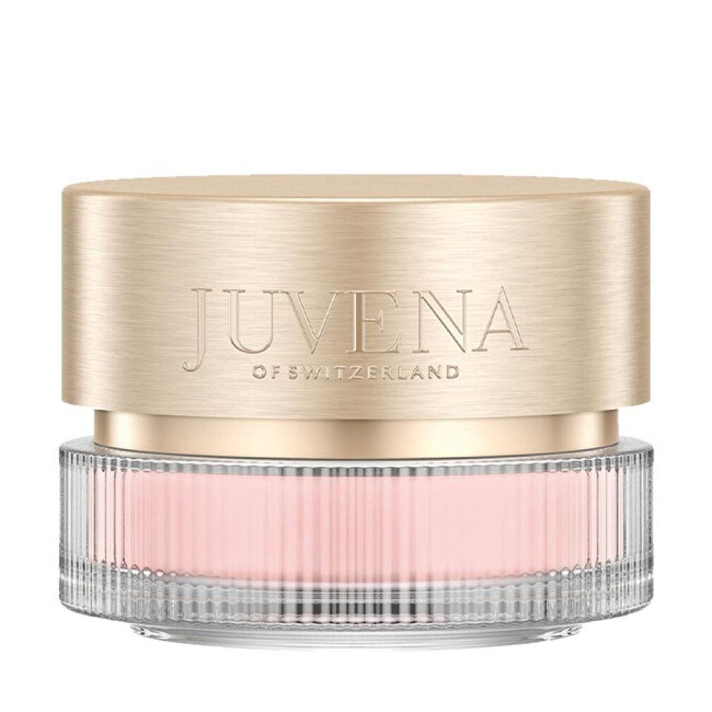 Couvercle doré avec embossage 'JUVENA OF SWITZERLAND' sur un pot en verre transparent contenant un produit rose.