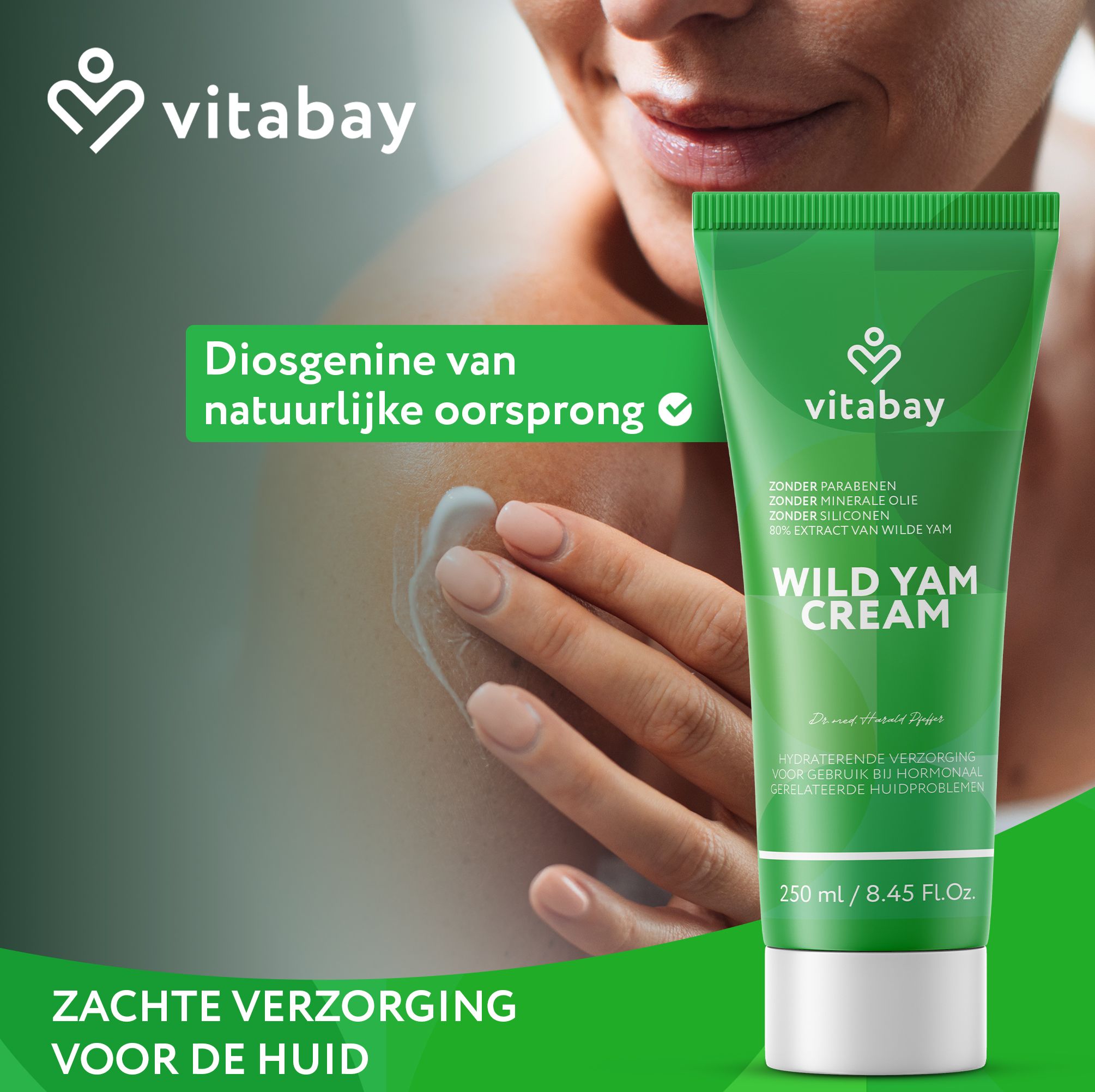 Vitabay Wild Yam Cream tube op huid met zachte verzorging. Diosgenine van natuurlijke oorsprong.