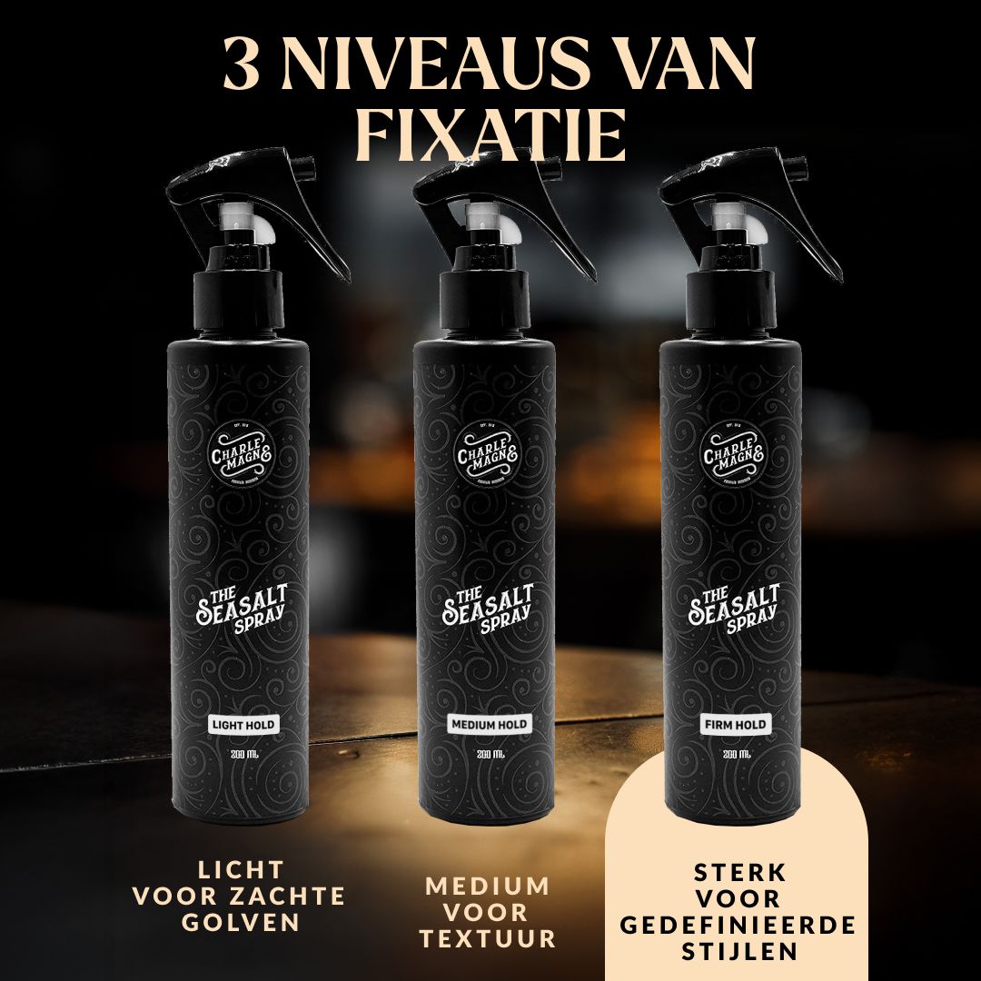 Drie zwarte flessen haarspray die verschillende hold-niveaus tonen.